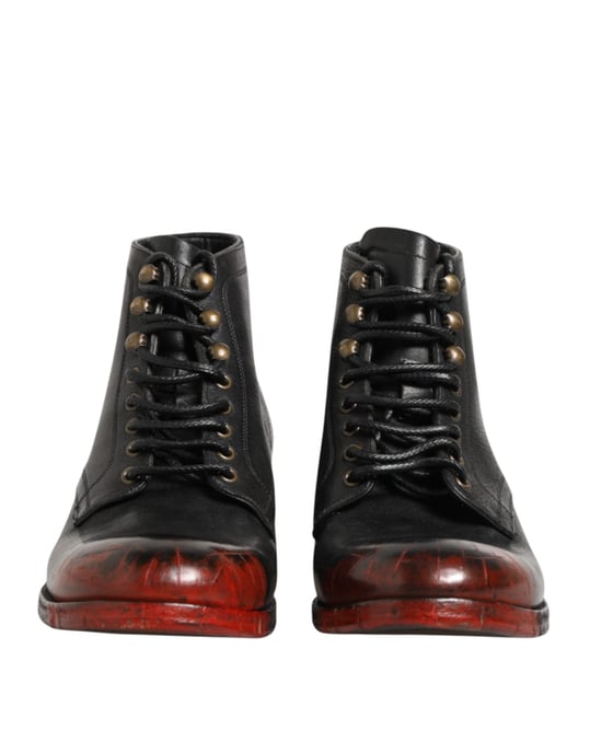 Dolce & Gabbana Black Red Lace Up Short Ankle Boot Shoes - Image 3