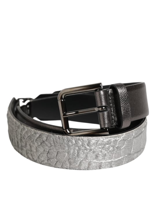 Dolce & Gabbana Black Silver Pebbled Texture Leather Buckle Men Belt - Image 2