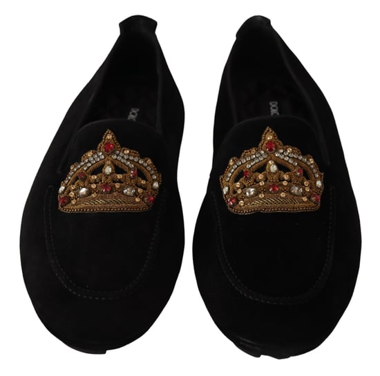 Dolce & Gabbana Svarta Läder Kristall Guld Kron Loafers Skor - Image 2