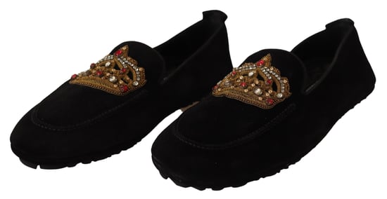 Dolce & Gabbana Svarta Läder Kristall Guld Kron Loafers Skor - Image 3