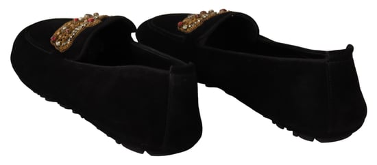 Dolce & Gabbana Svarta Läder Kristall Guld Kron Loafers Skor - Image 4