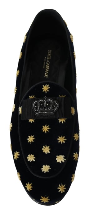 Dolce & Gabbana Blue Velvet Crown Slippers Loafers Shoes - Image 5