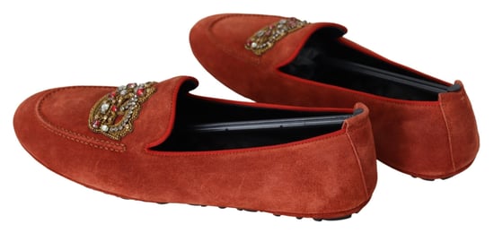 Dolce & Gabbana Orange Läder Kristall Krona Loafers Skor - Image 3