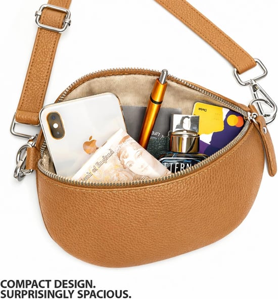 Ladies Genuine Italian Leather Crossbody Sling Bag in Tan - Image 3
