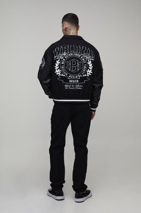 Tall Boxy Fit Melton & PU Mixed Fabric Applique Varsity Jacket - Image 2