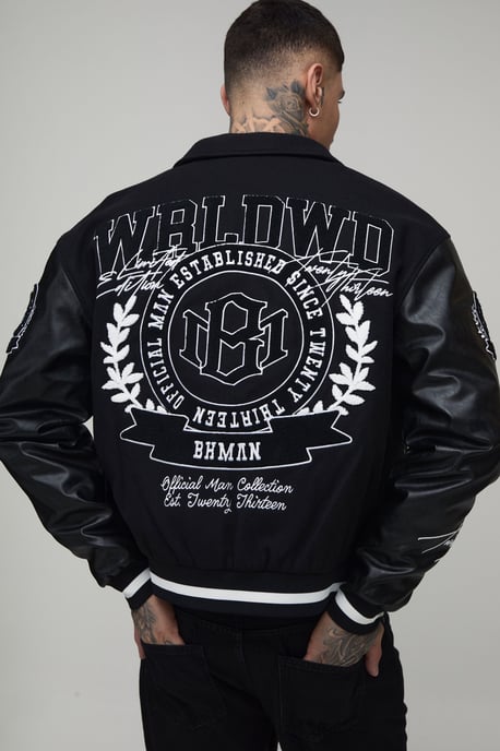 Tall Boxy Fit Melton & PU Mixed Fabric Applique Varsity Jacket - Image 3