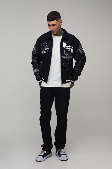 Tall Boxy Fit Melton & PU Mixed Fabric Applique Varsity Jacket - Image 4