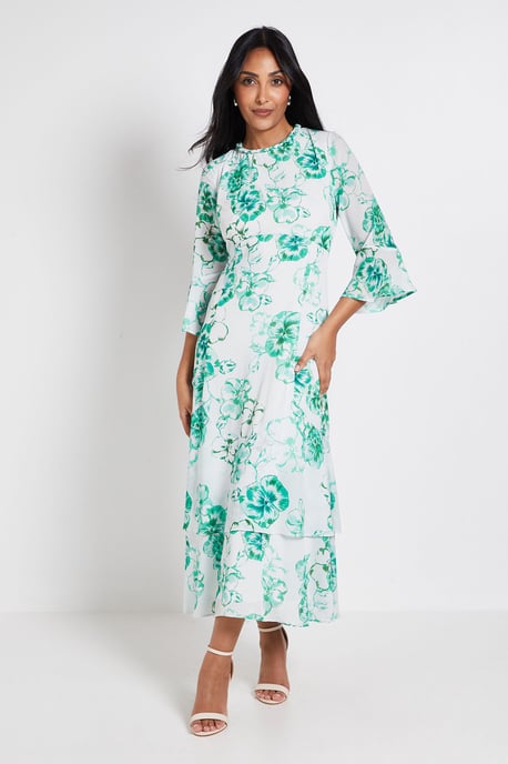 Petite Floral Neck Trim Ruffle Midi Dress - Image 1