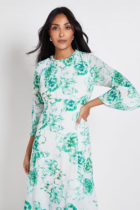 Petite Floral Neck Trim Ruffle Midi Dress - Image 2