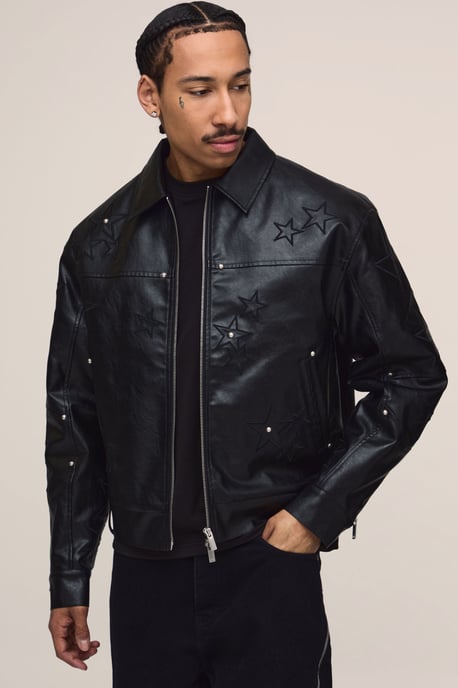 Boxy Fit PU Star Applique Harrington Jacket - Image 1