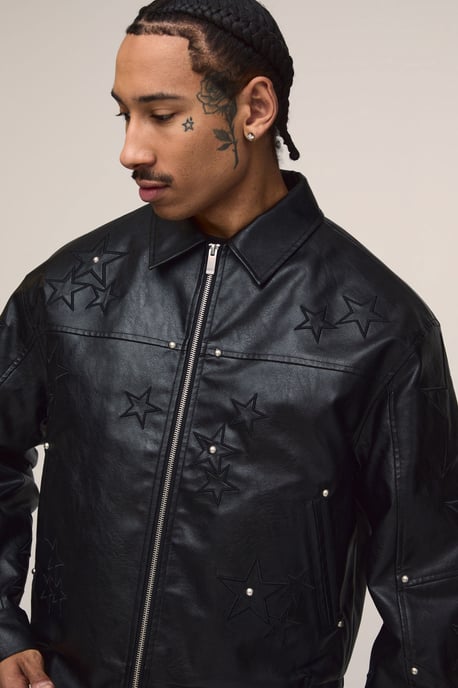 Boxy Fit PU Star Applique Harrington Jacket - Image 3