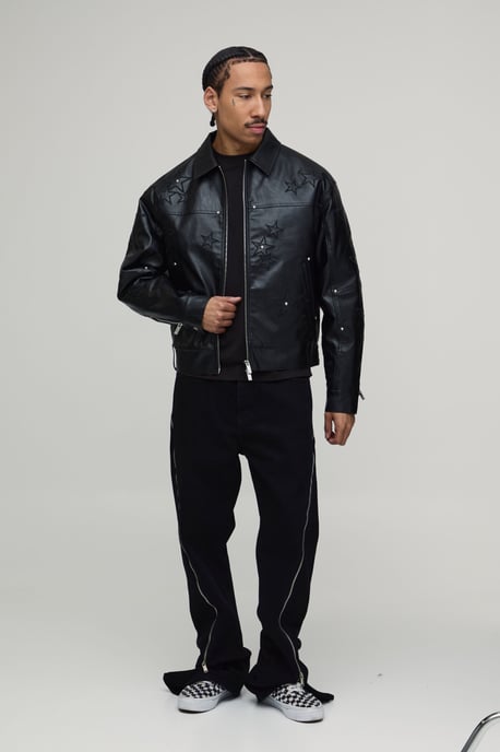 Boxy Fit PU Star Applique Harrington Jacket - Image 4