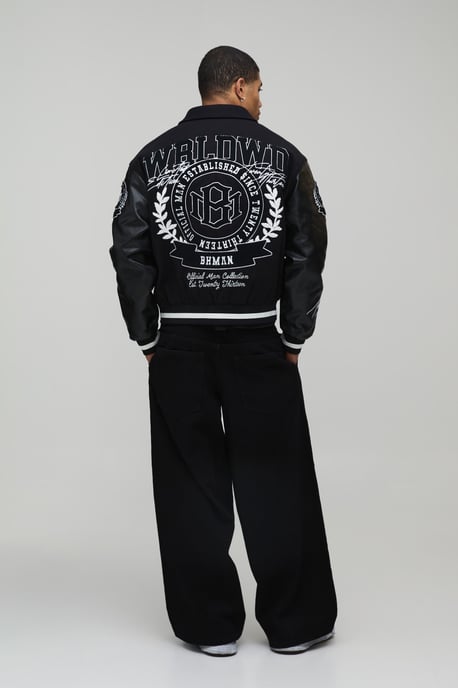 Boxy Fit Melton & PU Mixed Fabric Applique Varsity Jacket - Image 2