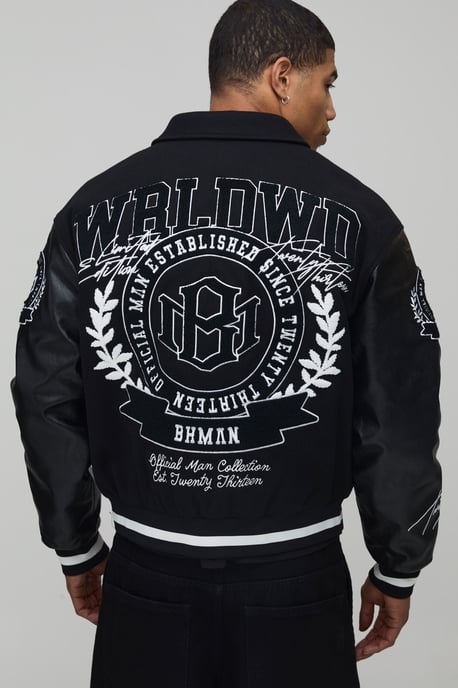 Boxy Fit Melton & PU Mixed Fabric Applique Varsity Jacket - Image 3