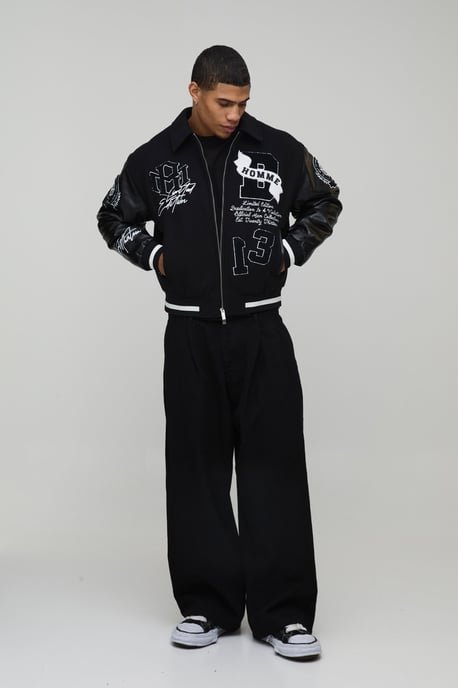 Boxy Fit Melton & PU Mixed Fabric Applique Varsity Jacket - Image 4