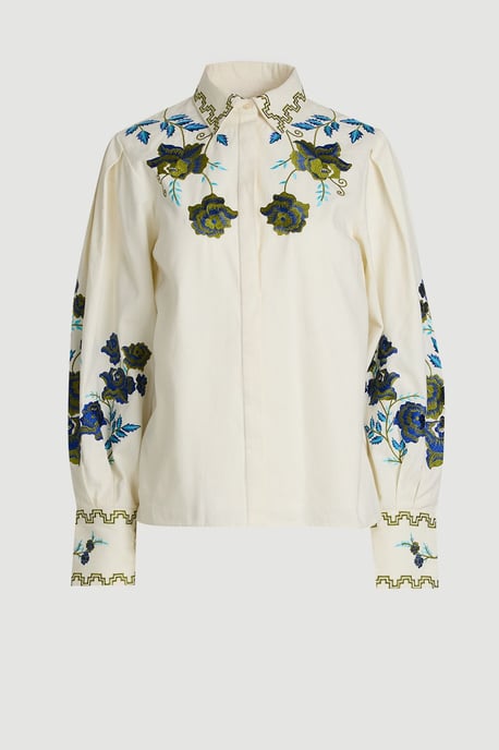 Rose Embroidered Cotton Twill Woven Blouse - Image 1