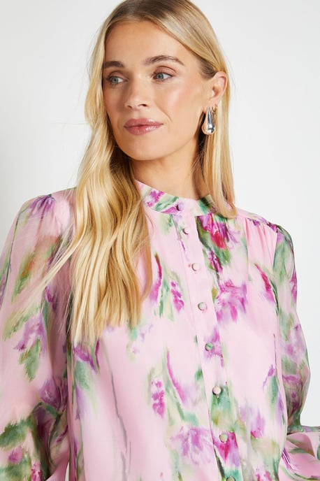 Petite Floral Organza Collarless Shirt - Image 4