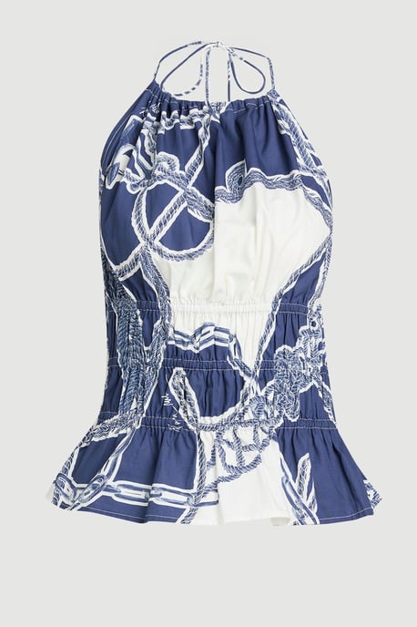 Shirred Cotton Tiered Chain Print Halter Neck Woven Top - Image 1