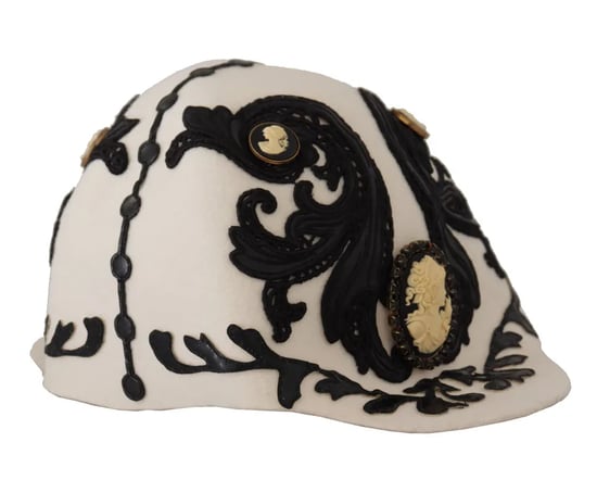 Dolce & Gabbana Witte Zwarte Wol Geborduurde Camee Broche Hoed - Image 2