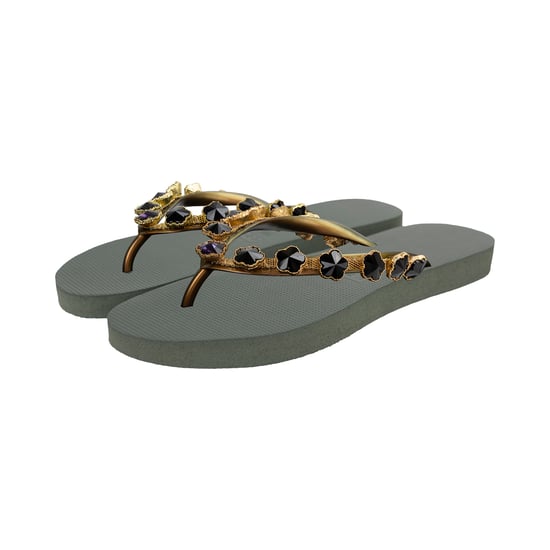 Zwarte bloemen teenslippers legergroen - Image 3