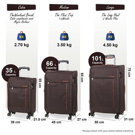 Lightweight Brown Soft Casing Suitcases 8 Wheel Travel Luggage - Image 3