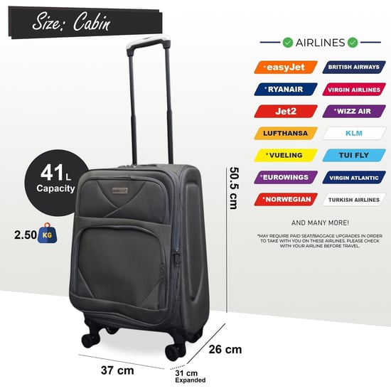 Soft Shell Lightweight Grey Nylon 4 Wheel Travel Case Holiday Cabin Suitcase - Image 2