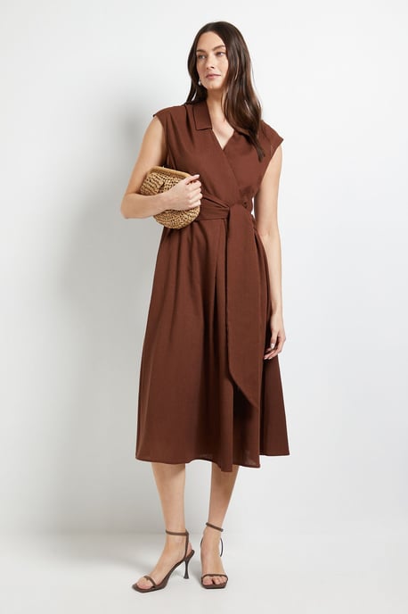 Linen Blend Belted Midi Dress - Image 1