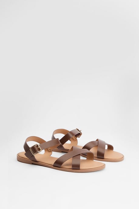 Florence Faux Leather Cross Strap Flat Sandals - Image 1