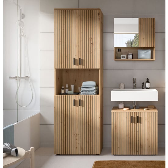 Furnilux Badcombinatie artisan oak 3-delige set met wastafel en spiegelkast 135 cm - Image 5
