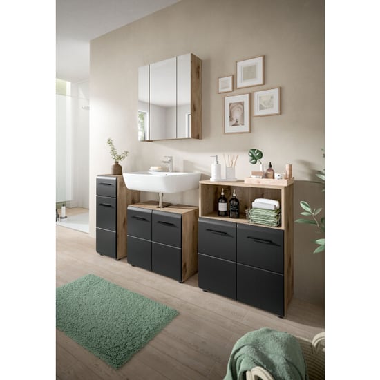 Furnilux Brede badkamer kast in en eik opbergoplossing met schappen en wielen - Image 2
