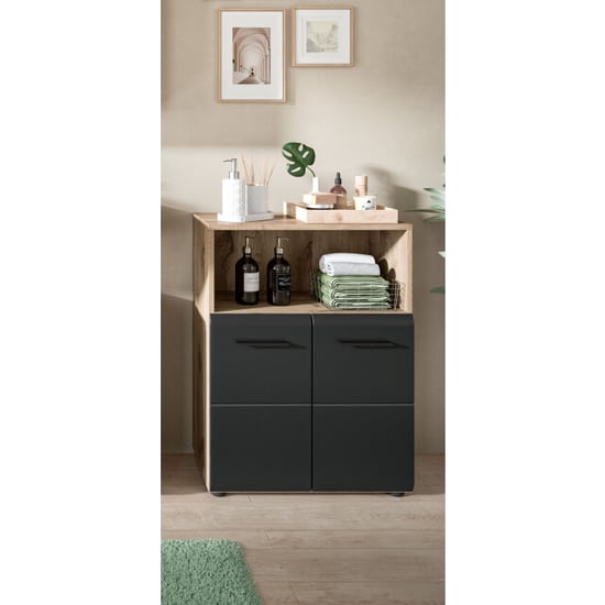 Furnilux Brede badkamer kast in en eik opbergoplossing met schappen en wielen - Image 3