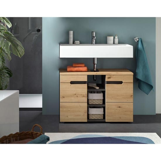 Furnilux Wastafelkast basalt grijs moderne badkamer opbergkast met houtlook 80x55x34 - Image 3