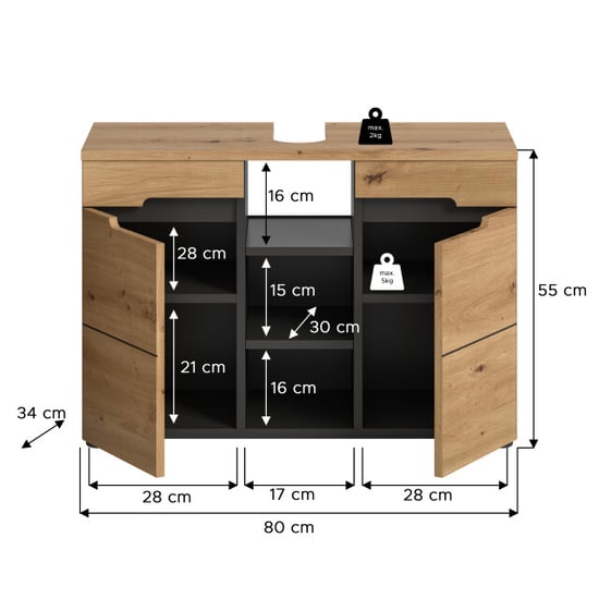 Furnilux Wastafelkast basalt grijs moderne badkamer opbergkast met houtlook 80x55x34 - Image 6