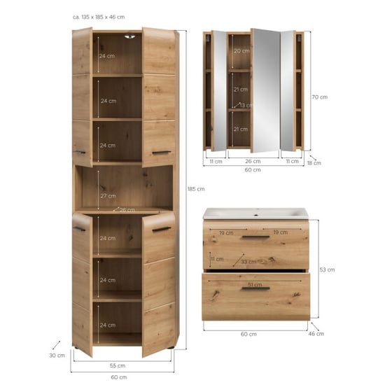Furnilux Badcombinatie met hoge kast en spiegelkast moderne eikenlook en - - Image 4