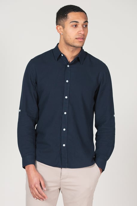 Navy Linen Blend Long Sleeve Button-Up Shirt - Image 1