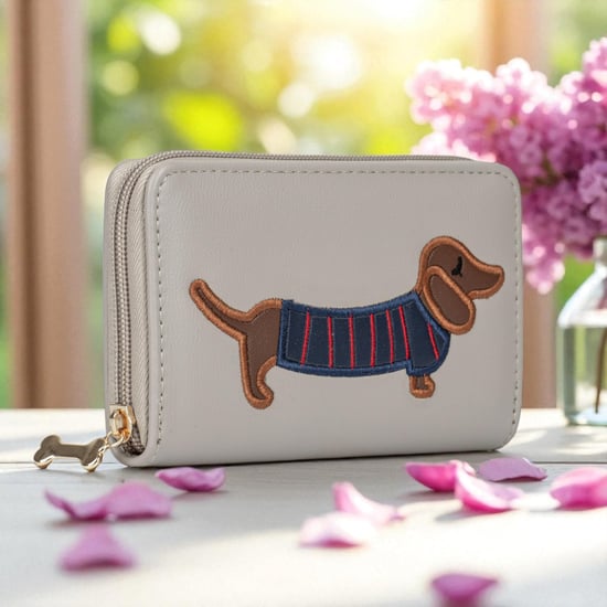 Women’s RFID Zip Around Purse – Dog Applique Wallet In Beige - Image 2