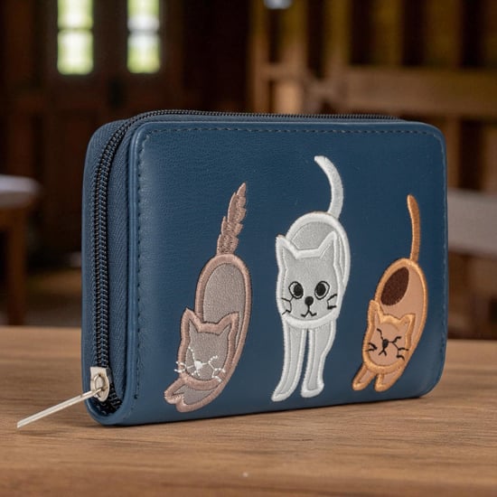 Women’s RFID Zip Around Purse – Cat Applique Wallet In Navy - Image 6