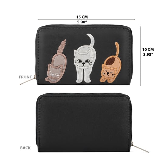 Women’s RFID Zip Around Purse – Cat Applique Wallet In Black - Image 3