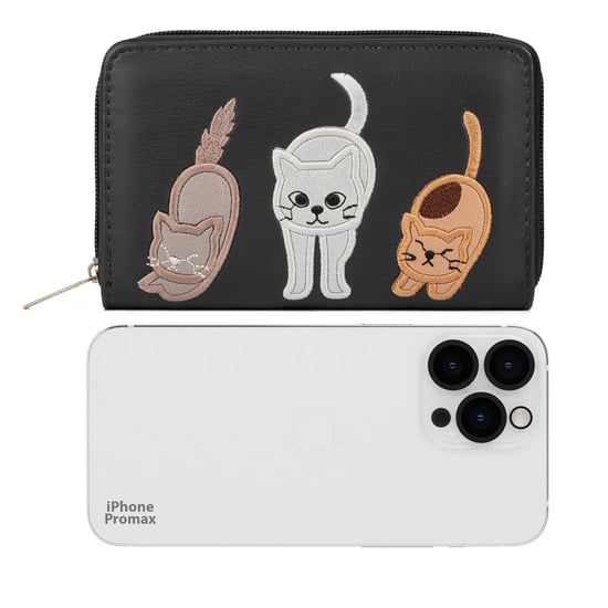 Women’s RFID Zip Around Purse – Cat Applique Wallet In Black - Image 5