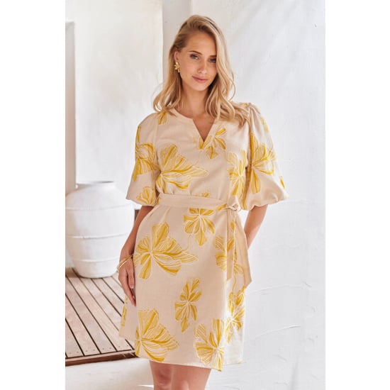 Smashed Lemon Zomerjurk met geel geborduurde bloemen en tailleceintuur | - Image 1