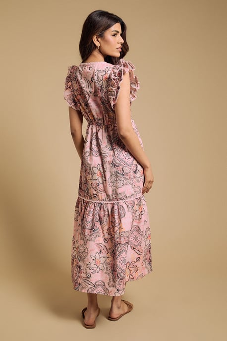 Petite Lace Trim V Neck Printed Poplin Midi Dress - Image 3