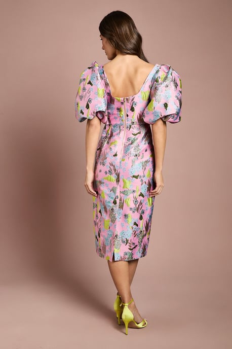 Jacquard Puff Sleeve Square Neck Pencil Dress - Image 3