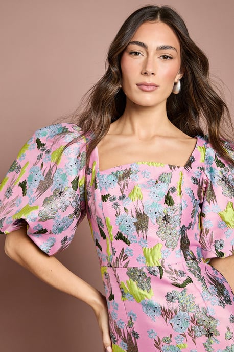 Jacquard Puff Sleeve Square Neck Pencil Dress - Image 4