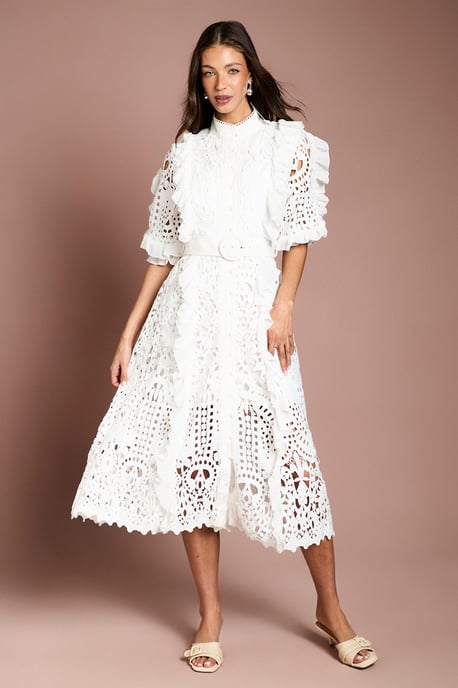 Lace Ruffle Shirt Dress With Tie - Image 1