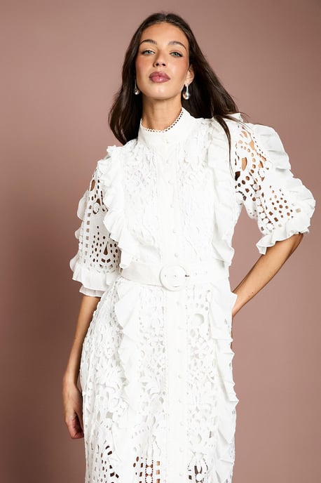 Lace Ruffle Shirt Dress With Tie - Image 2