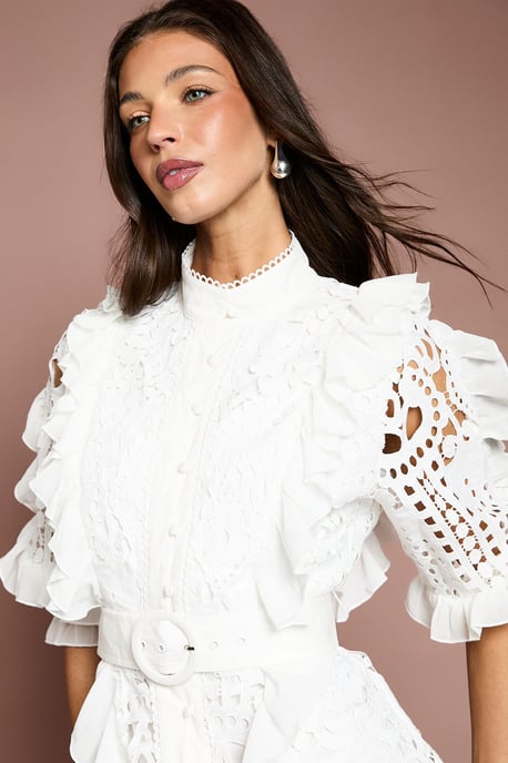 Lace Ruffle Shirt Dress With Tie - Image 4