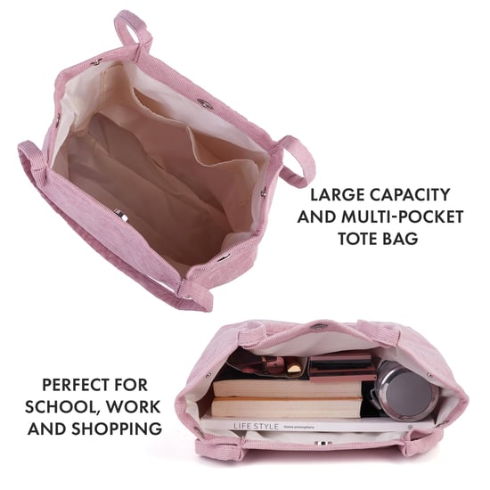 Women’s Corduroy Tote Bag, Water resistant Shoulder Bag in Pink - Image 4