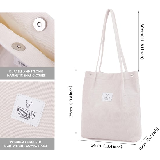 Women’s Corduroy Tote Bag, Water resistant Shoulder Bag in Beige - Image 2