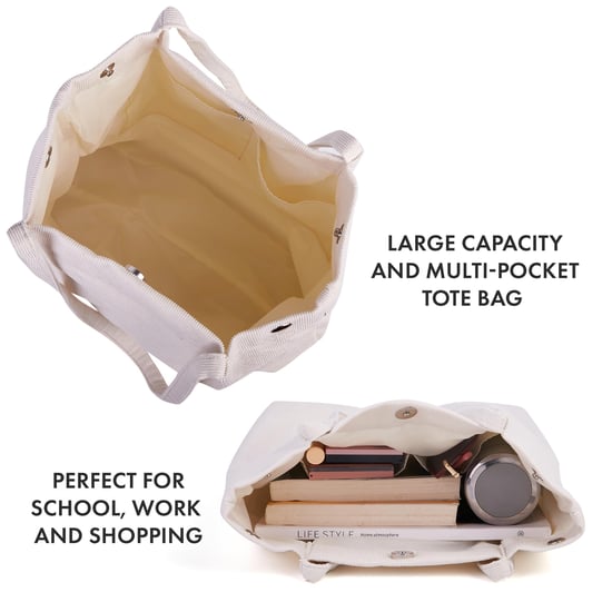 Women’s Corduroy Tote Bag, Water resistant Shoulder Bag in Beige - Image 3