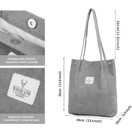 Women’s Corduroy Tote Bag, Water resistant Shoulder Bag in Grey - Image 2